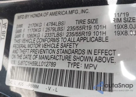 2020 Acura Rdx Technology Package z USA, uszkodzony, nr VIN 5J8TC1H59LL012789